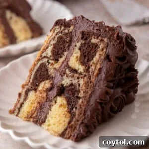 A beautifully sliced layered marble cake with chocolate cream cheese frosting, ready to be served