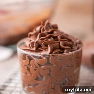 Chocolate cream cheese frosting piped into a glass jar showing smooth, glossy swirls