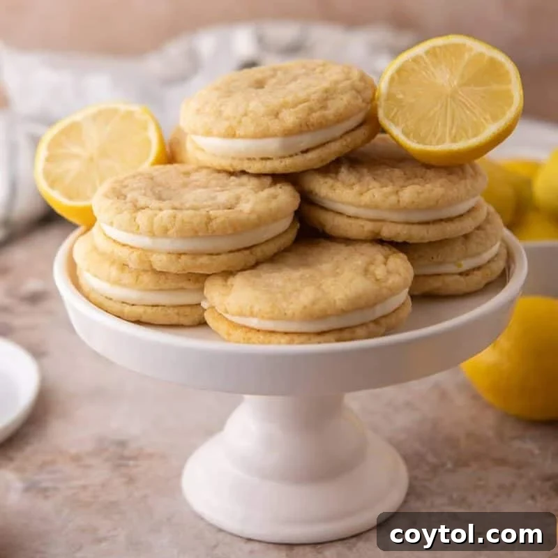 Stack of lemon sandwich cookies with cream cheese frosting filling on a white cake stand with fresh lemon halves.