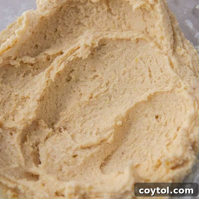 Soft, fluffy lemon cookie dough fully mixed in a glass bowl, ready to be scooped and chilled.