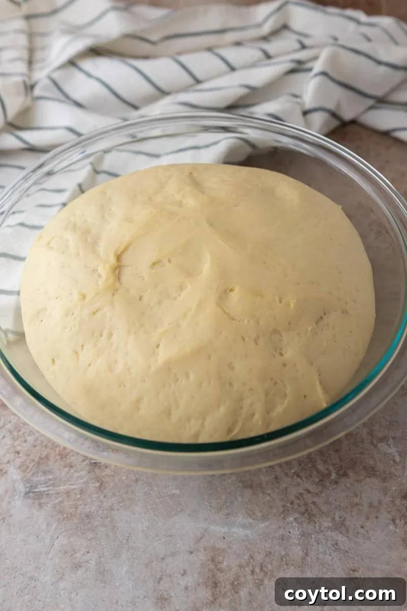 The cinnamon roll dough has completed its first rise, doubling in size and looking puffy in the glass bowl.