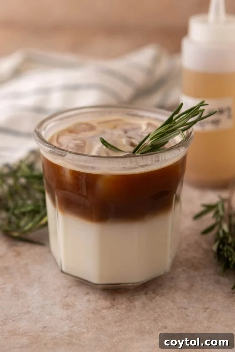 An iced rosemary latte in a tall glass, showing distinct layers of milk, ice, and espresso on top.