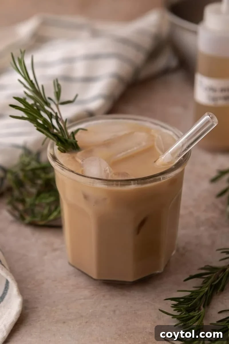 A finished iced rosemary latte in a glass mug, garnished with a fresh rosemary sprig and a reusable glass straw.