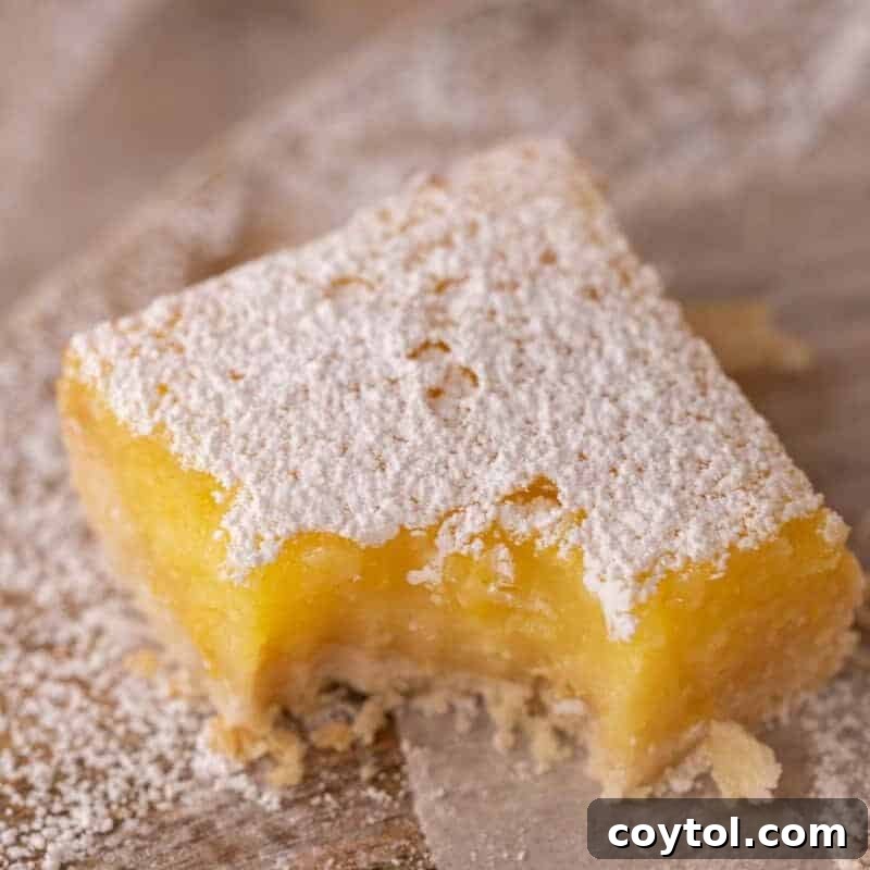 A perfect square lemon bar with a thick, buttery shortbread crust and a vibrant, tart lemon curd filling, lightly dusted with powdered sugar.