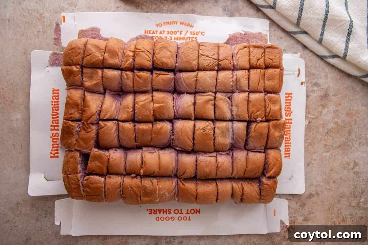 King's Hawaiian Ube Coconut rolls, still in their package, have been pre-sliced into cubes for the French toast bake.