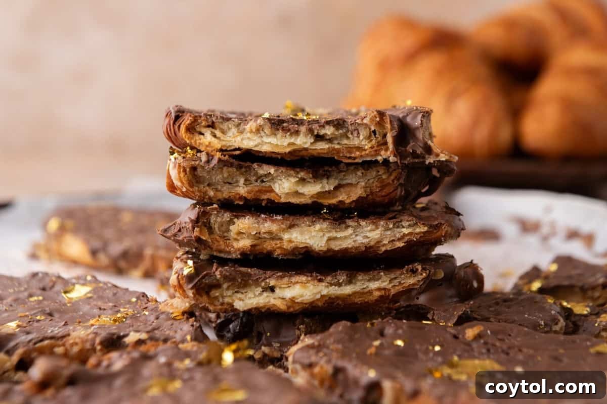 Stack of croissant Christmas crack pieces showing flaky layered croissant, brown sugar toffee, and chocolate top