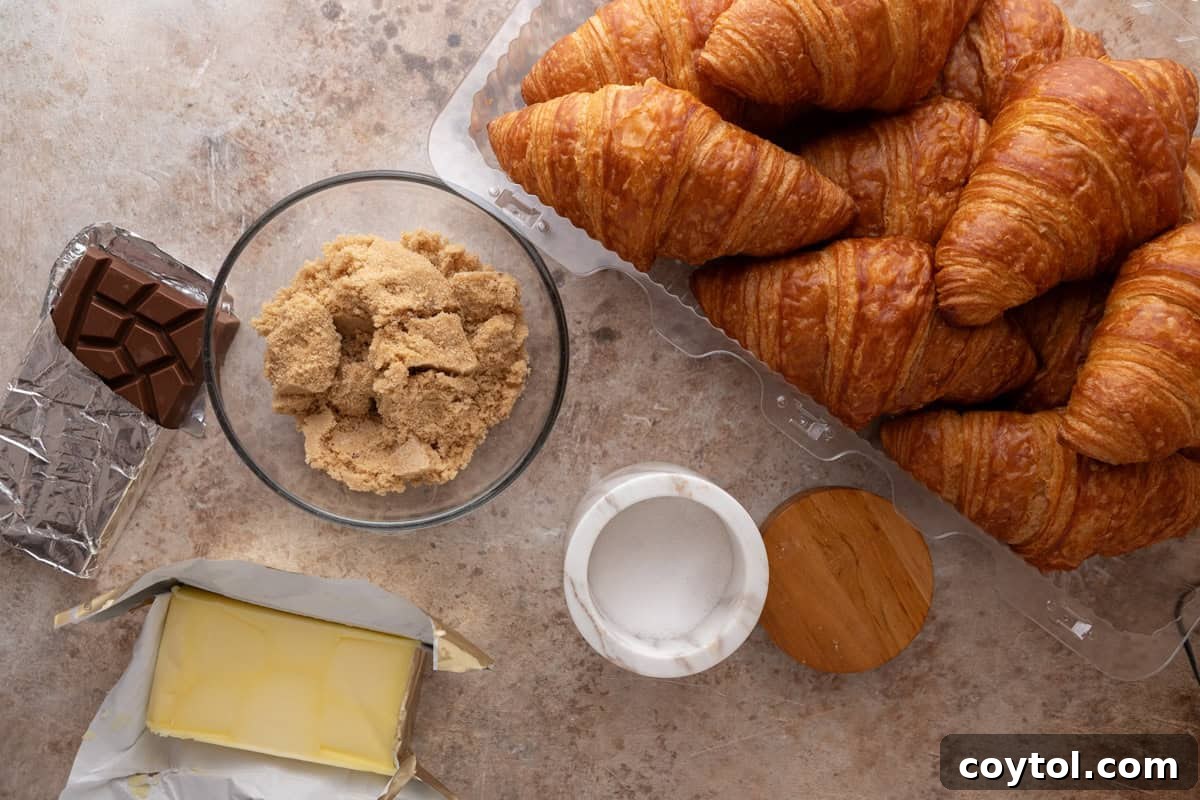 Croissant Christmas crack ingredients: croissants, brown sugar, butter, chocolate bar, and salt