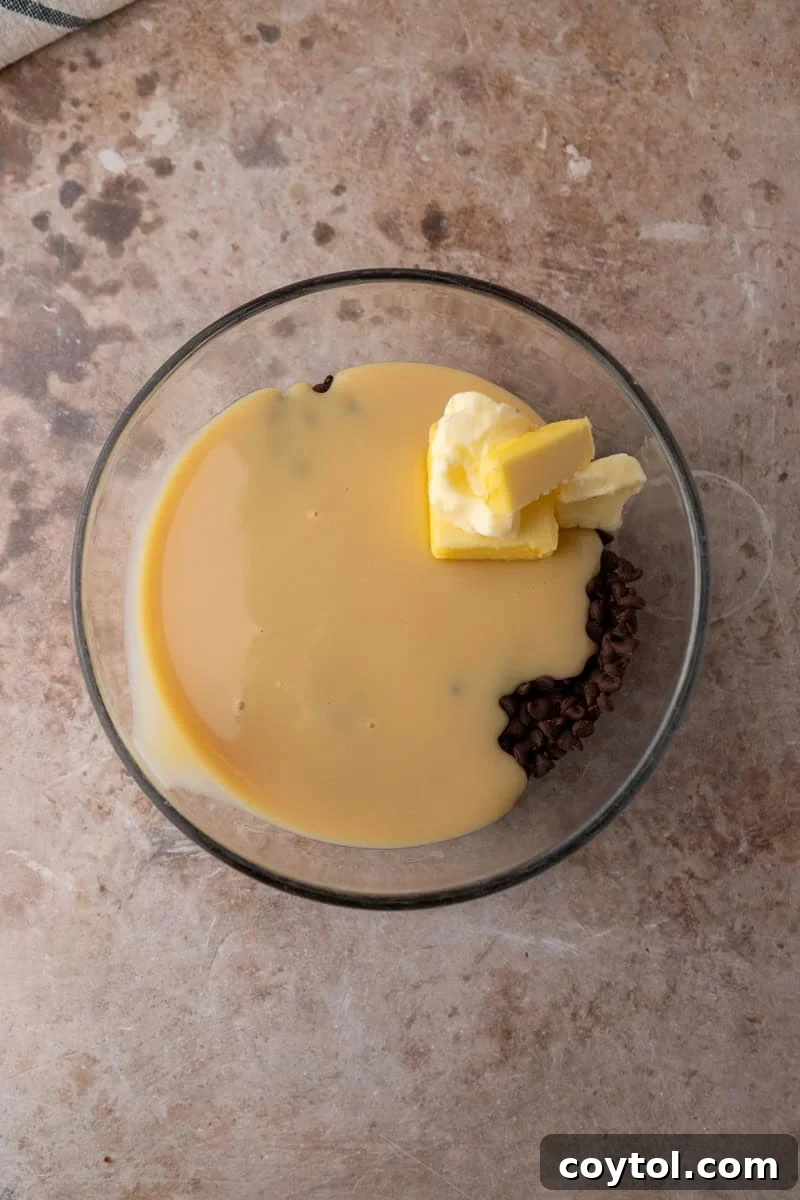 Chocolate chips, sweetened condensed milk, and butter in a glass bowl before melting