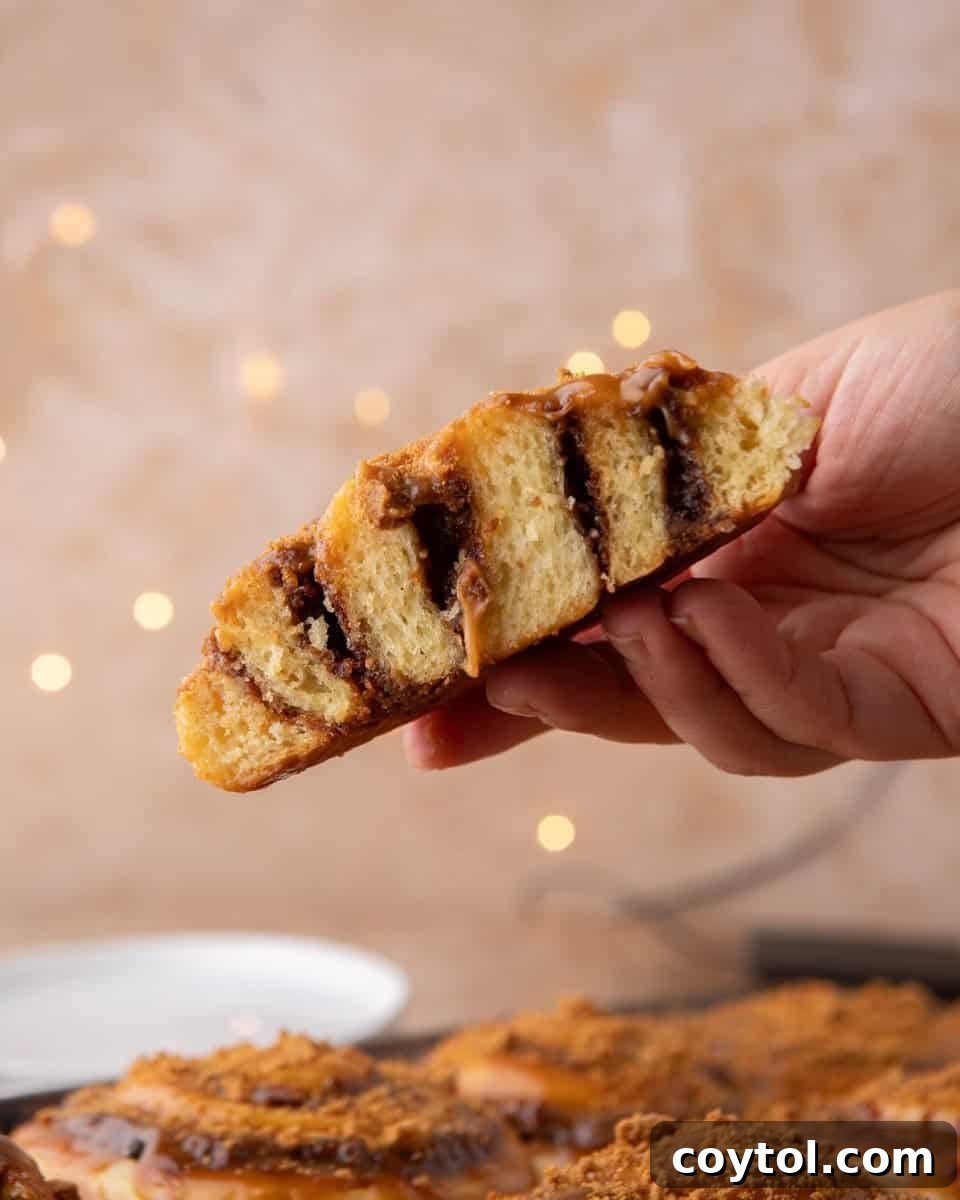 Hand holding half a cookie butter cinnamon roll showing the soft, layered tangzhong brioche crumb