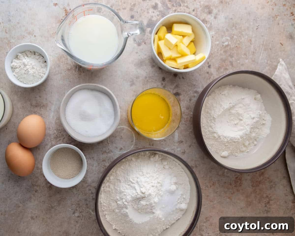 Tangzhong brioche dough ingredients including milk, butter, flour, sugar, eggs and yeast