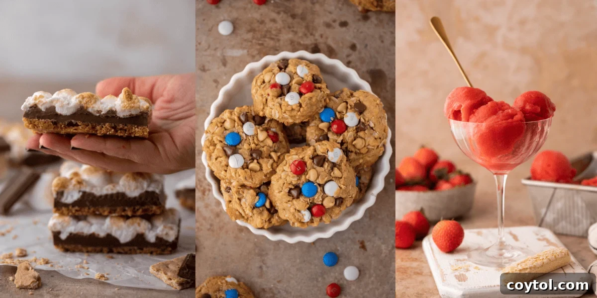 Easy 4th of July recipes including s'mores cookie bars, patriotic monster cookies, and strawberry sorbet.