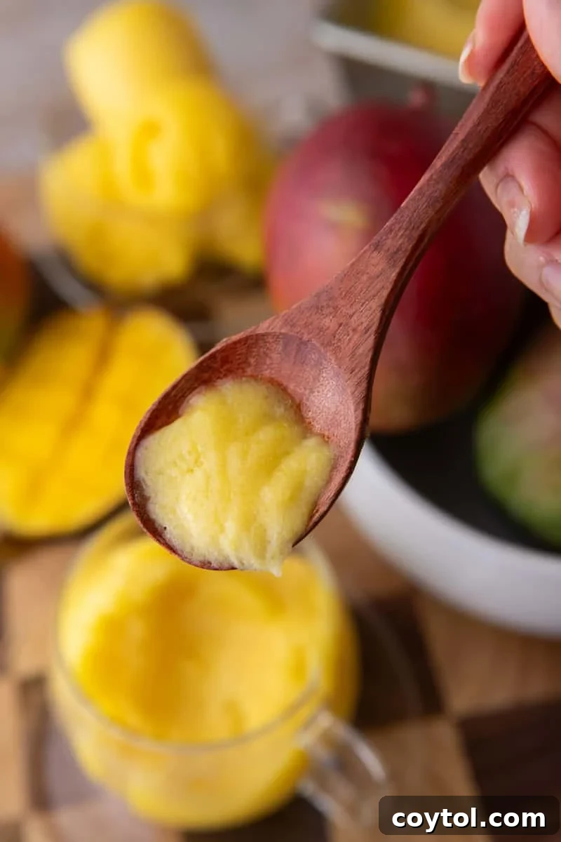 A wooden spoon holding a creamy bite of mango sorbet
