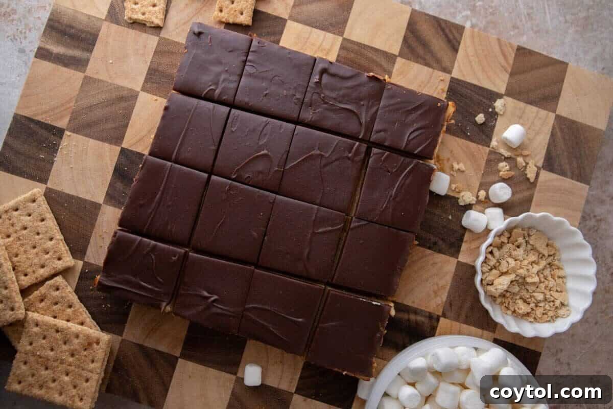 Sixteen s'mores cheesecake bar squares cut with a chocolate ganache top, ready for the toasted marshmallow topping