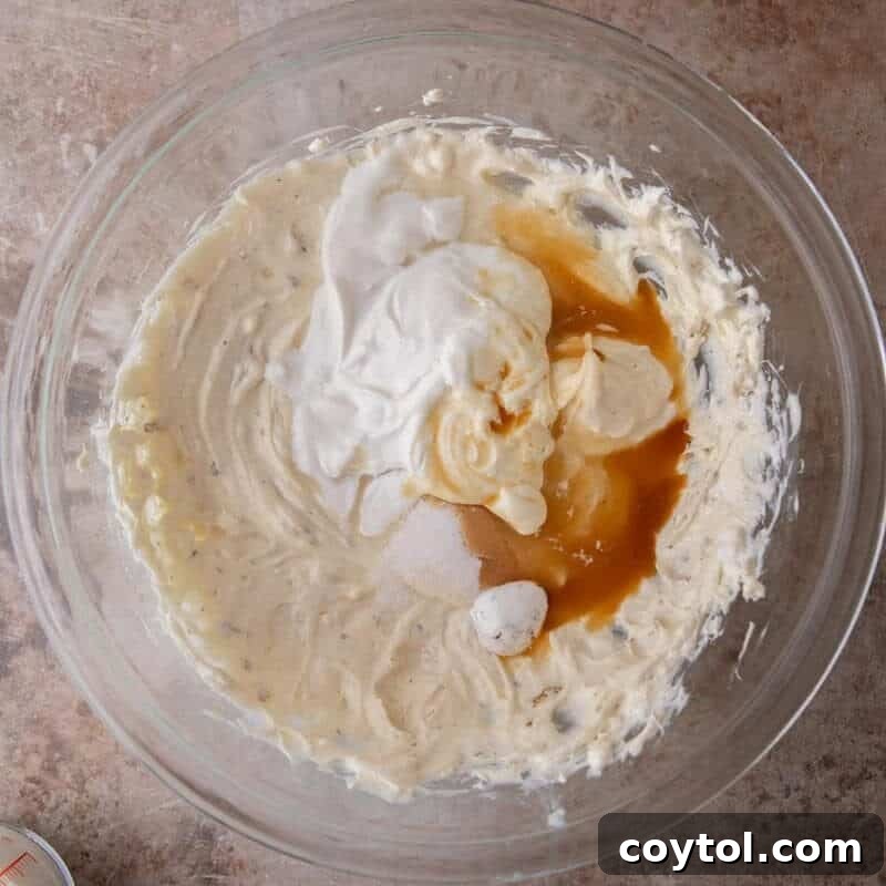 Sour cream, sugar, and vanilla extract added to the marshmallow cream cheese mixture for s'mores cheesecake bars