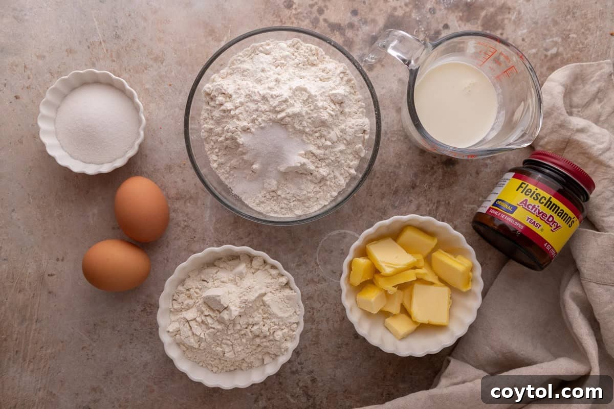 Brioche dough ingredients including flour, milk, eggs, butter, sugar, and active dry yeast