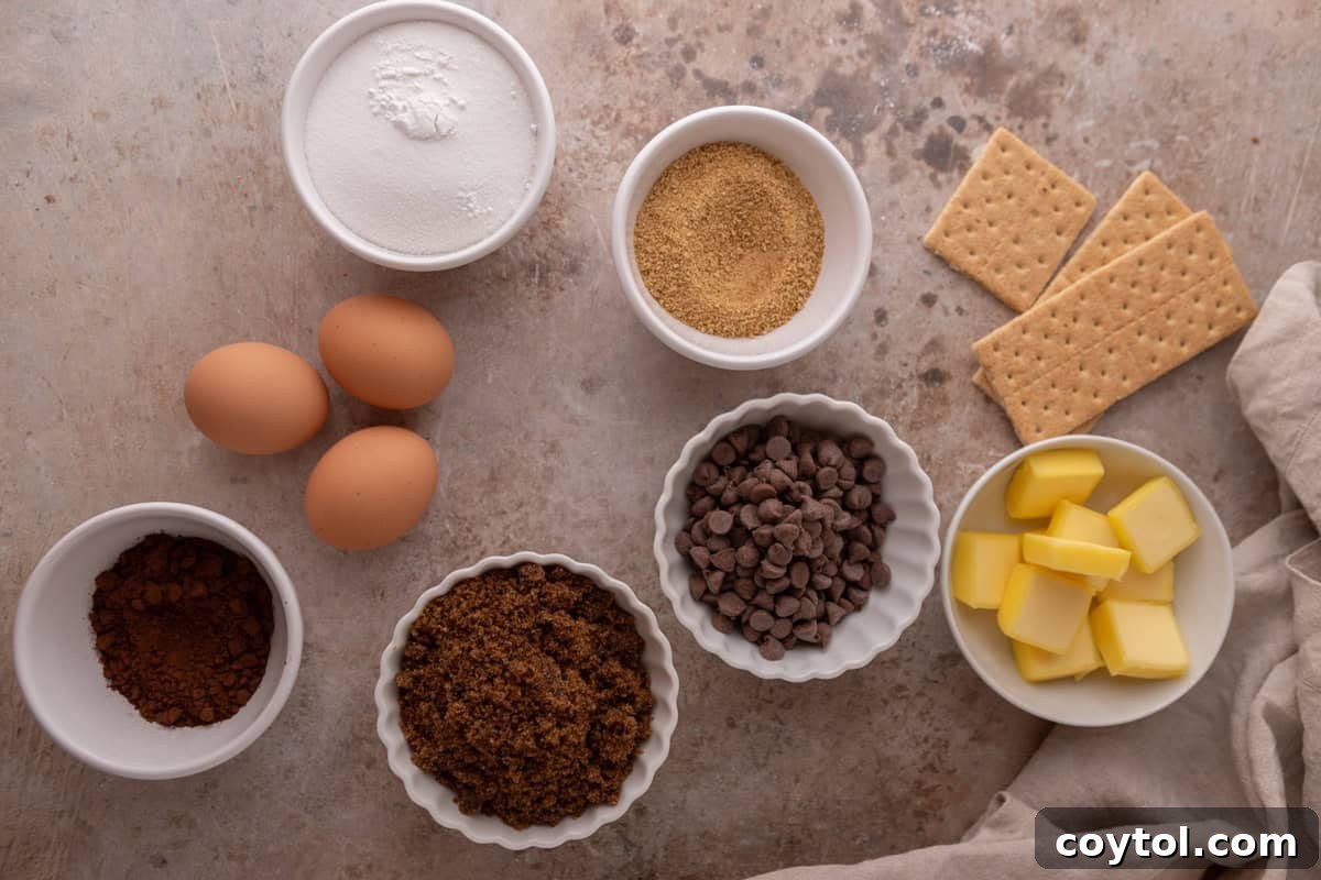 Chocolate graham filling ingredients including cocoa powder, brown sugar, chocolate chips, butter, eggs, and graham crackers