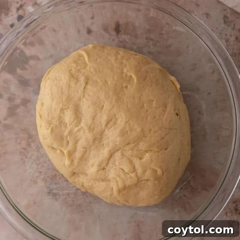 Tangzhong brioche dough in a glass bowl before rising