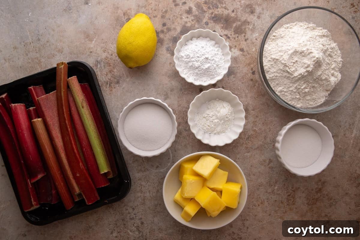 Overhead flat lay of rhubarb crumble bar ingredients including fresh rhubarb stalks, cubed butter, flour, powdered sugar, granulated sugar, cornstarch, and a lemon