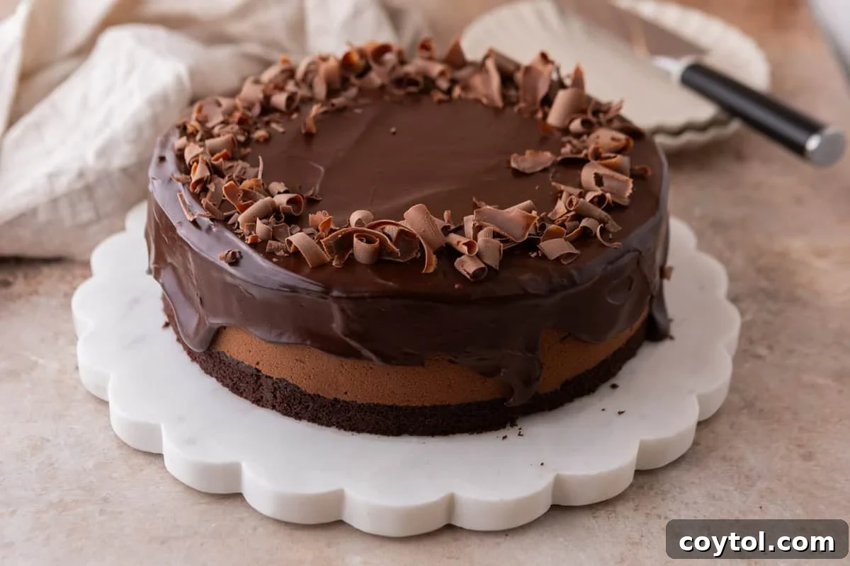 Chocolate mousse cake on a white scalloped marble cake stand, topped with chocolate ganache and chocolate curls, with a cake server in the background