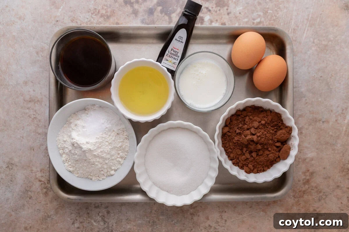 Ingredients for the chocolate sponge cake layer arranged on a sheet pan including flour, Dutch-process cocoa powder, sugar, vegetable oil, eggs, buttermilk, vanilla extract, and brewed coffee