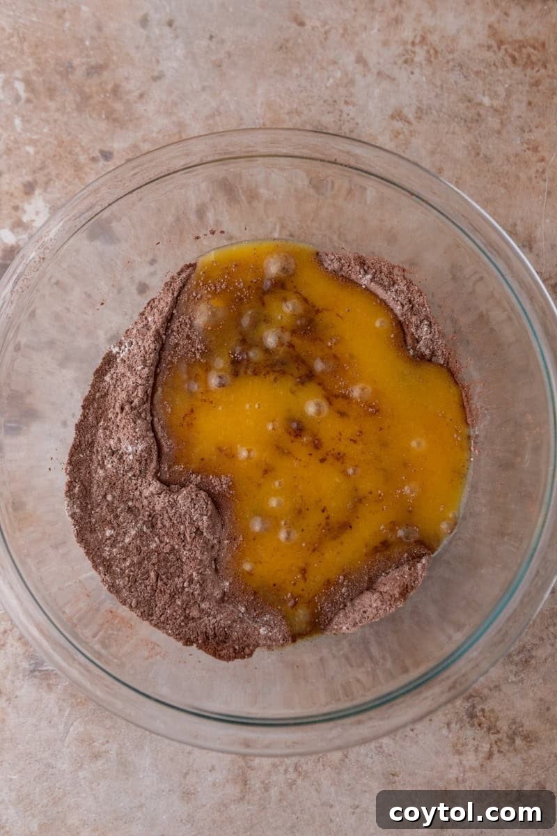 Wet ingredients poured over the dry cocoa powder and flour mixture in a glass mixing bowl