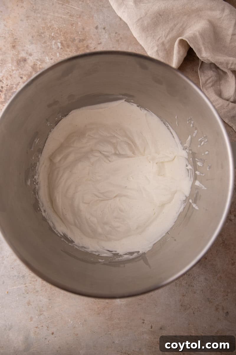 Vanilla bean whipped cream whipped to soft peaks in a stainless steel bowl.
