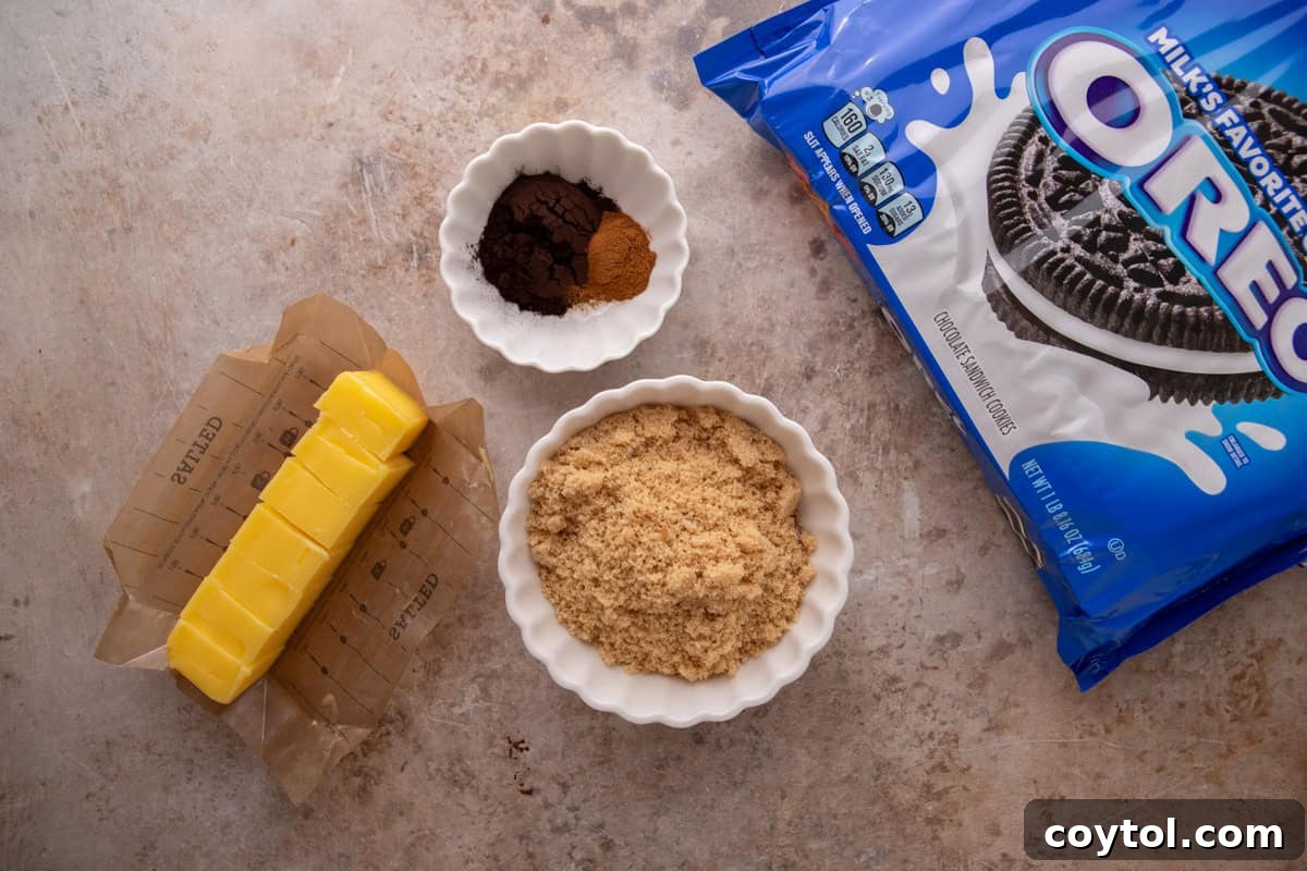 Oreo cinnamon roll filling ingredients with black cocoa, brown sugar, butter, and Oreos
