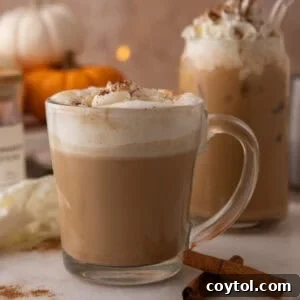 Copycat Starbucks pumpkin spice latte in a glass mug with whipped cream and spice dusting.